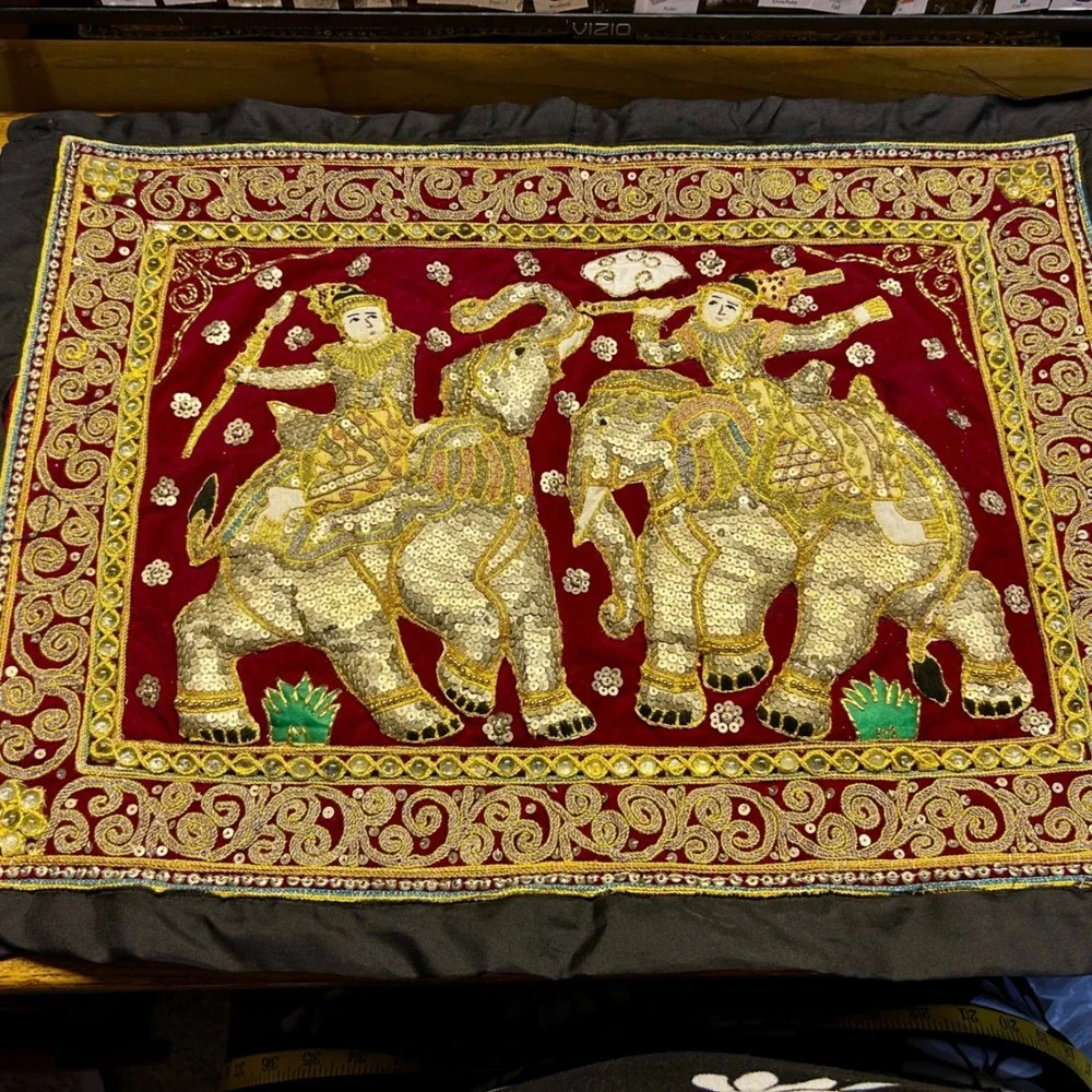 Vintage Kalaga Tapestry Velvet beaded wall scroll Gold Elephant Embroidery